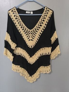 Cato Black Top with Cream Crochet Trim
